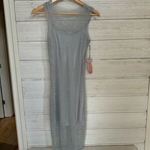 Iridescent silver mesh/rhinestone midi dress.